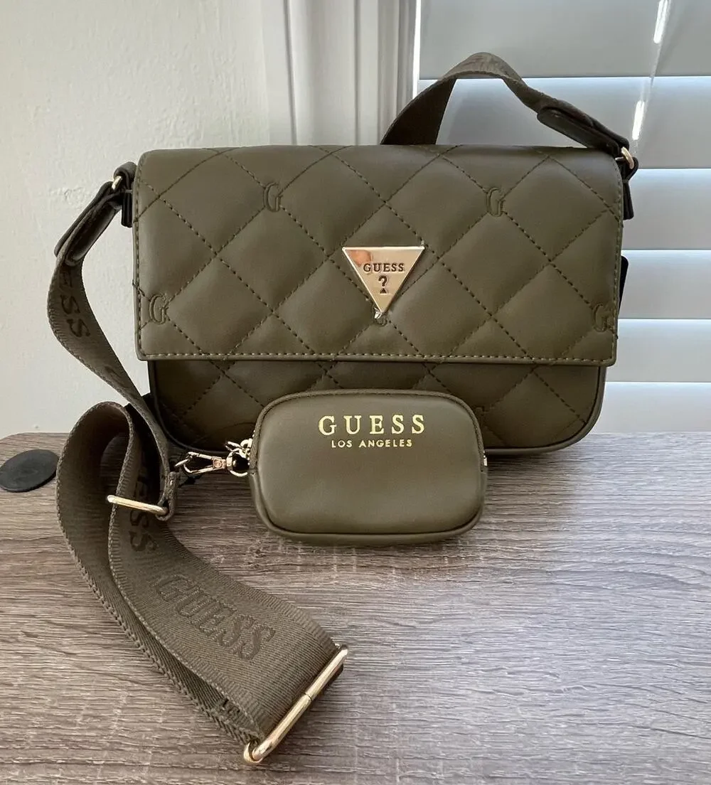 NWT GUESS Colton Mini Crossbody Bag Olive Green Quilted Faux Leather w Pouch